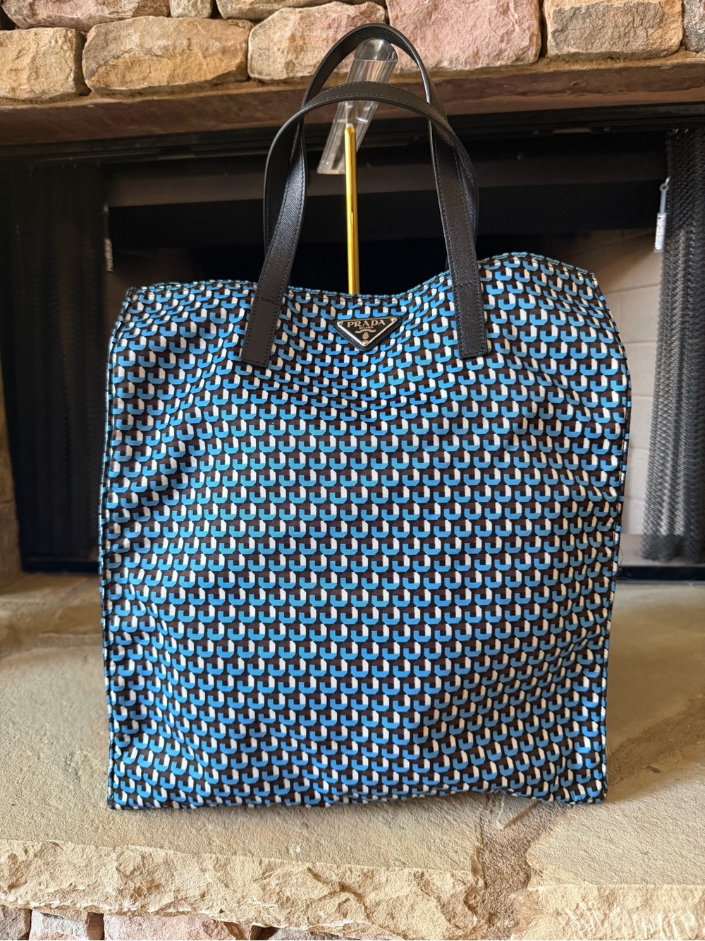 Prada Black and Blue Geometric Pattern Tote